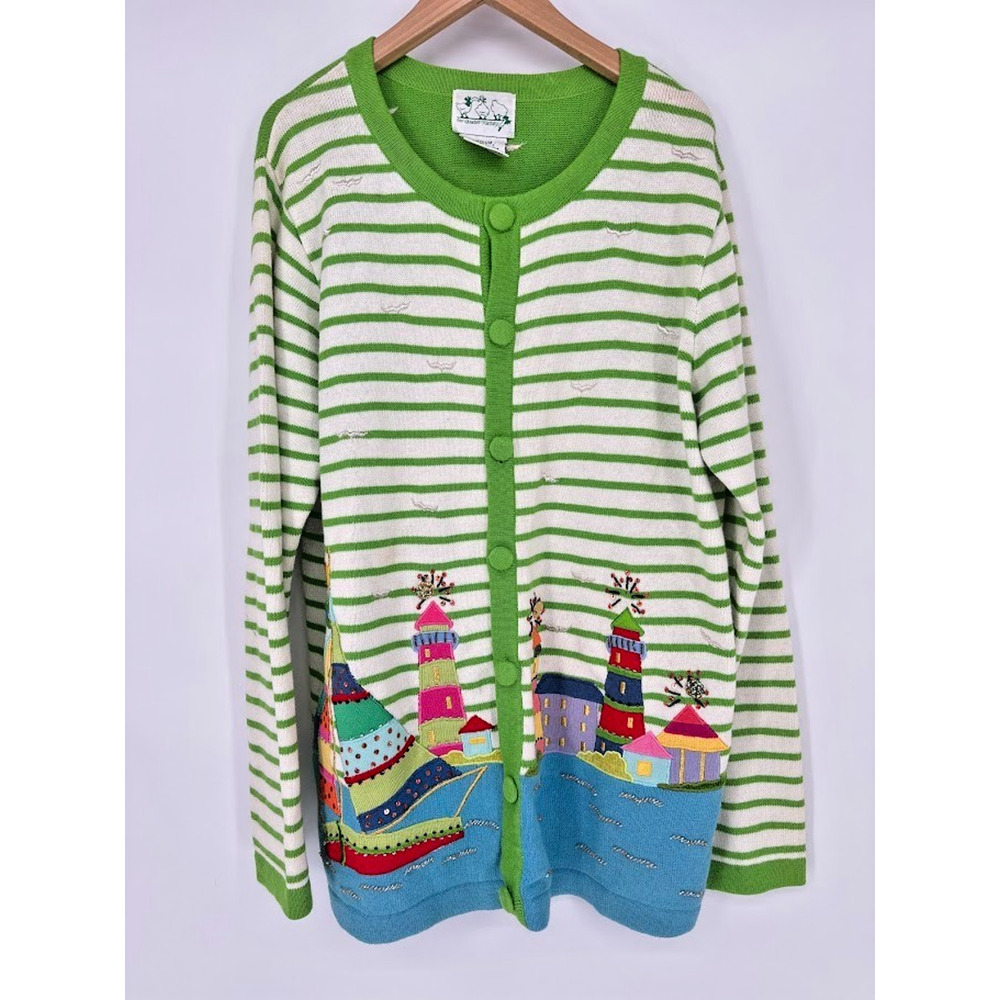 Quacker Factory Cardigan Sweater M Embroidered Lighthouse Boats Beach Striped